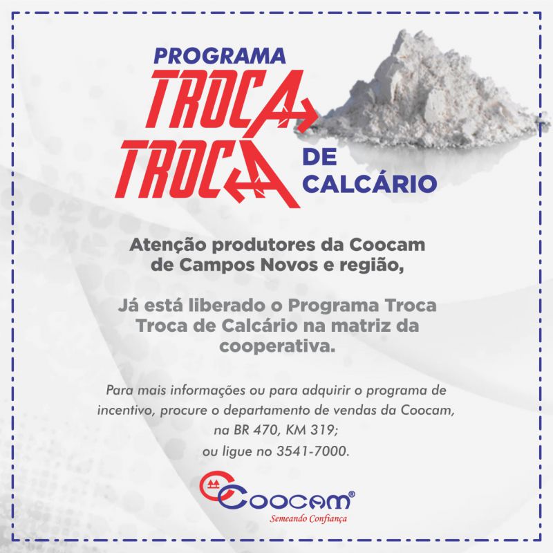 Já está liberado o Programa Troca Troca de Calcário na Coocam