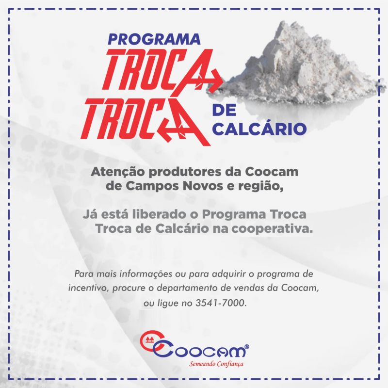 Já está liberado o Programa Troca Troca de Calcário na Coocam